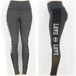 NEW Dark Heather Gray & Black Yoga Active Workout Leggings "LOVE" Print